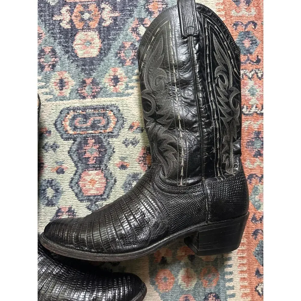 Vintage Dan Post Black Teju Lizard Men's Cowboy Boots USA 9.5B Western